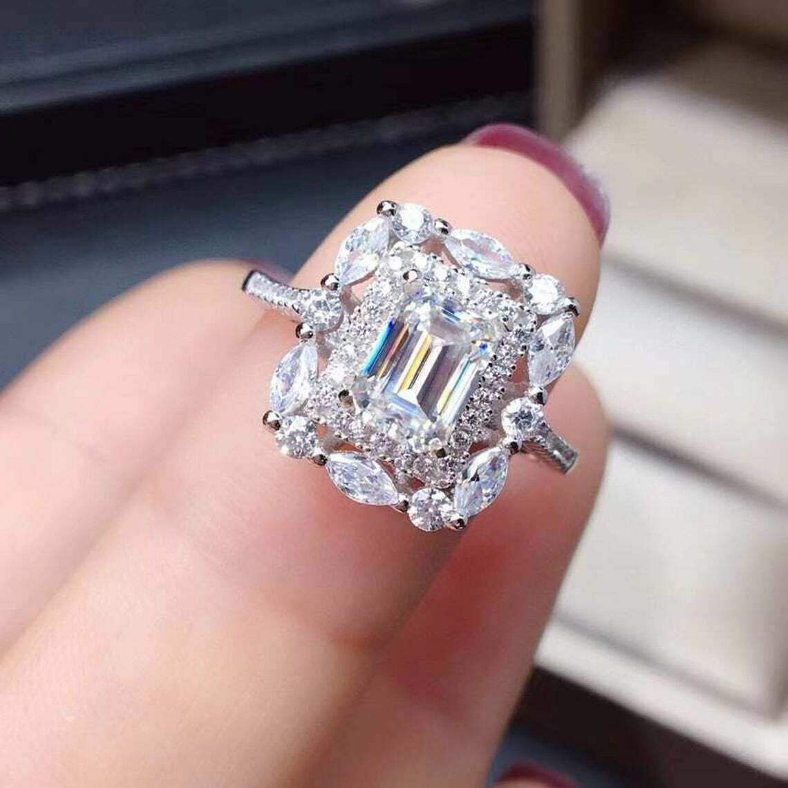 2.85ct Emerald Cut Lab Created Engagement Genuine Ring 925 Sterling Silver