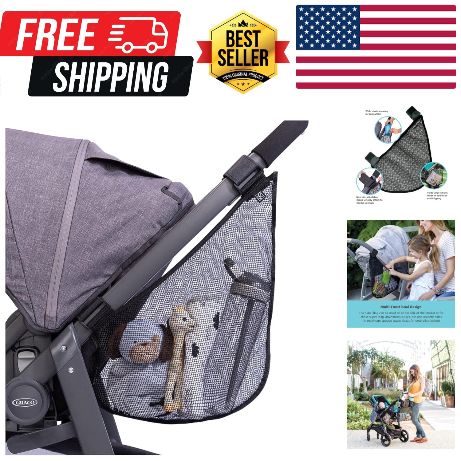 Side Sling Cargo Net - Stroller Organizer Attachment for Storage, Mesh Bag fo...