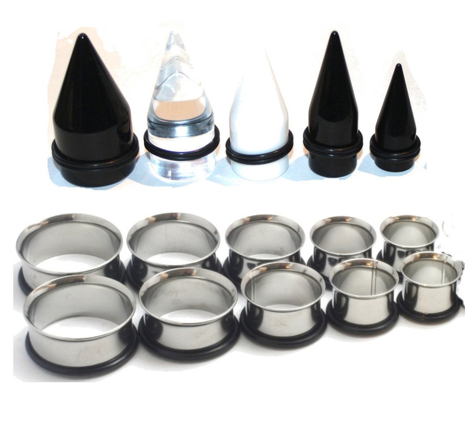 15 Pc Huge Tapers Ear Stretching Kit Black White Clear Tapers and Surgical St...