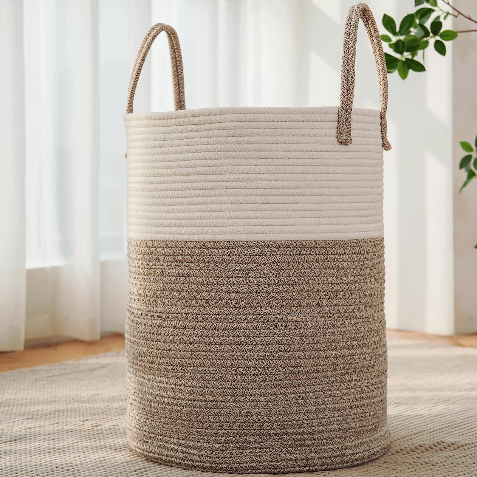 Woven Laundry Basket 100L Cotton Rope Storage Bin Decorative Tall Hamper Large