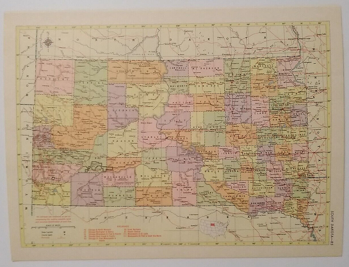 1956 Antique SOUTH DAKOTA Atlas Map Vintage Hammond Family Reference World Atlas