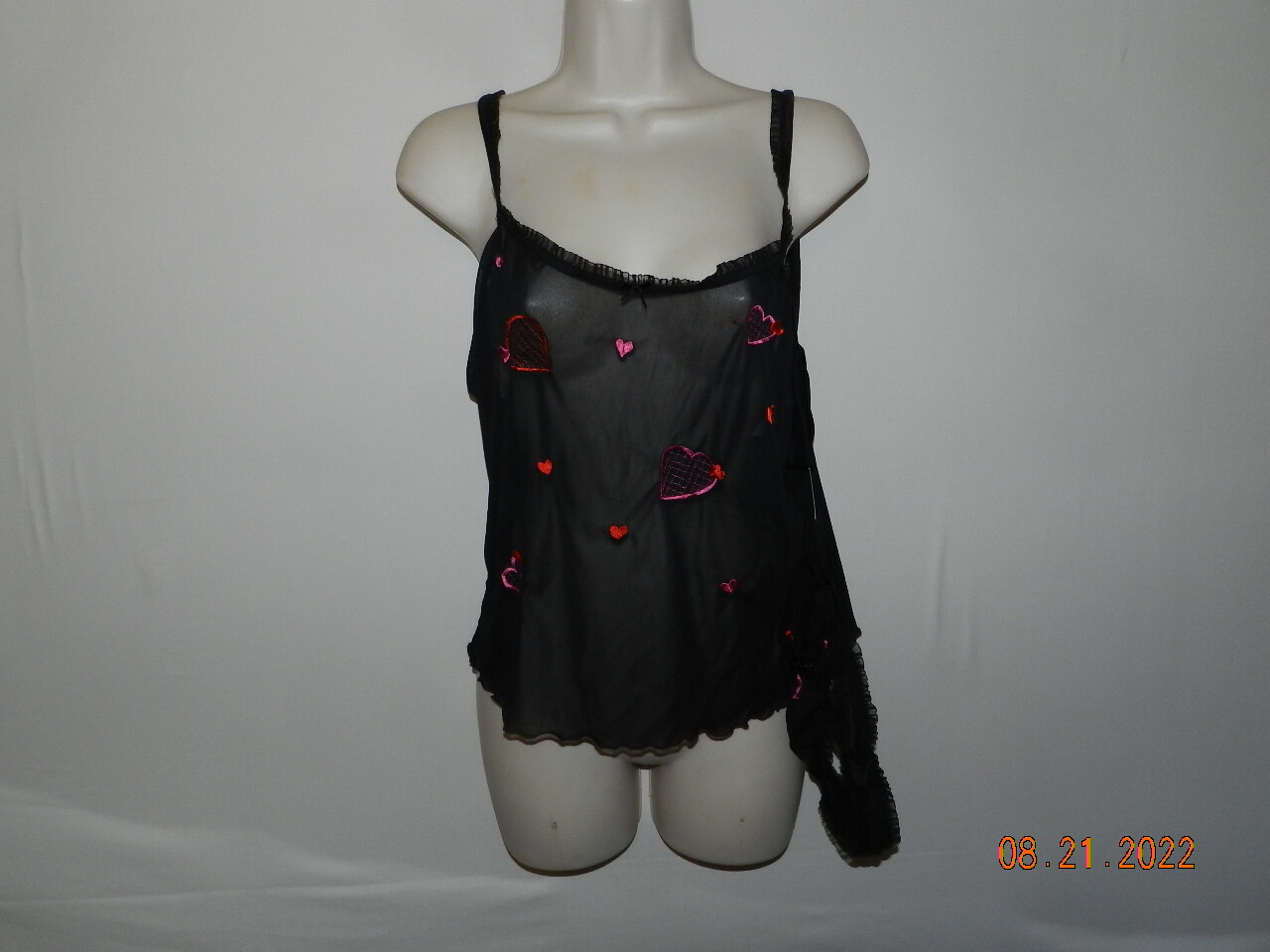 Cinema Etoile Seductive Wear cami panties black pink hearts mesh sheer 2pc L 