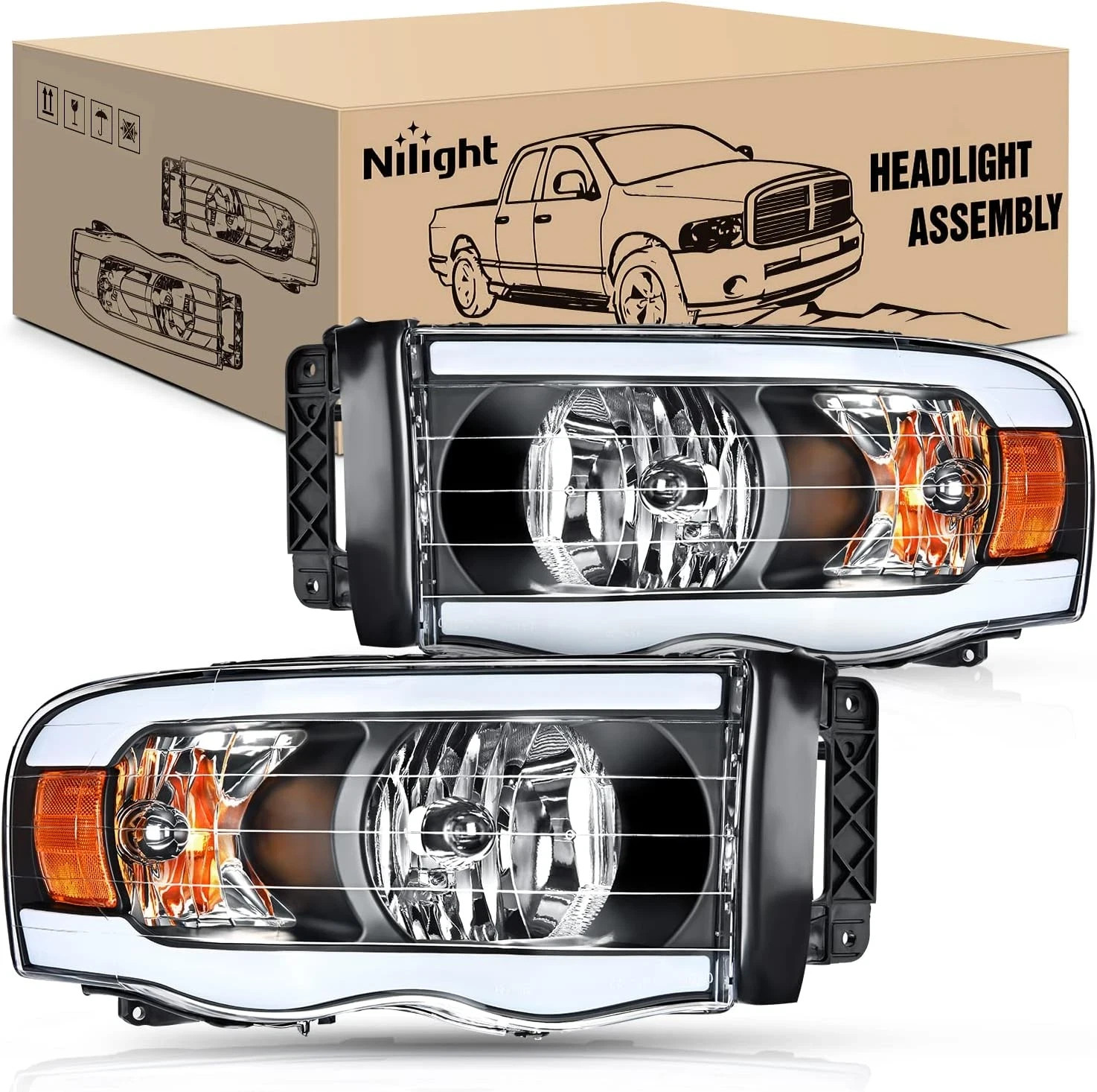 Headlights Assembly Led DRL for 2002-2005 Dodge Ram 1500/2003 2004 2005 Dodge Ra