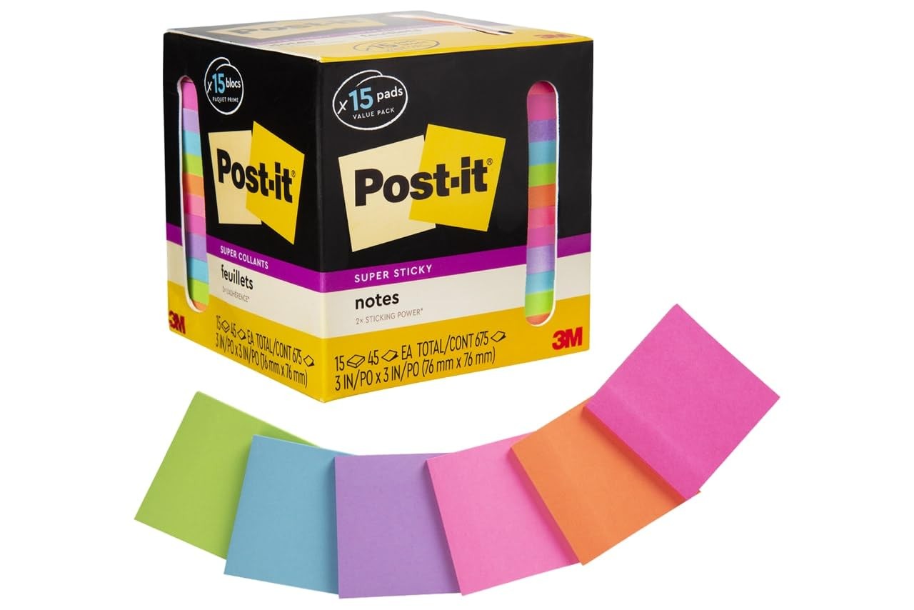 Post-it Super Sticky Notes, Assorted Bright 3 in x 3 in, Electric Yellow 