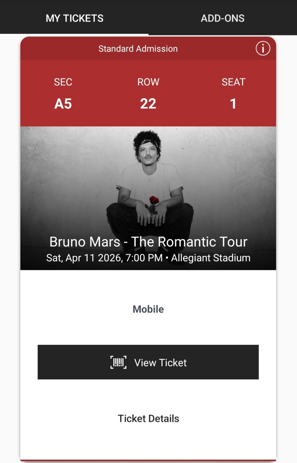 2- Bruno Mars Tickets Las Vegas Allegiant 4/11/26 AISLE SEAT FLOOR SEC A5 ROW 22