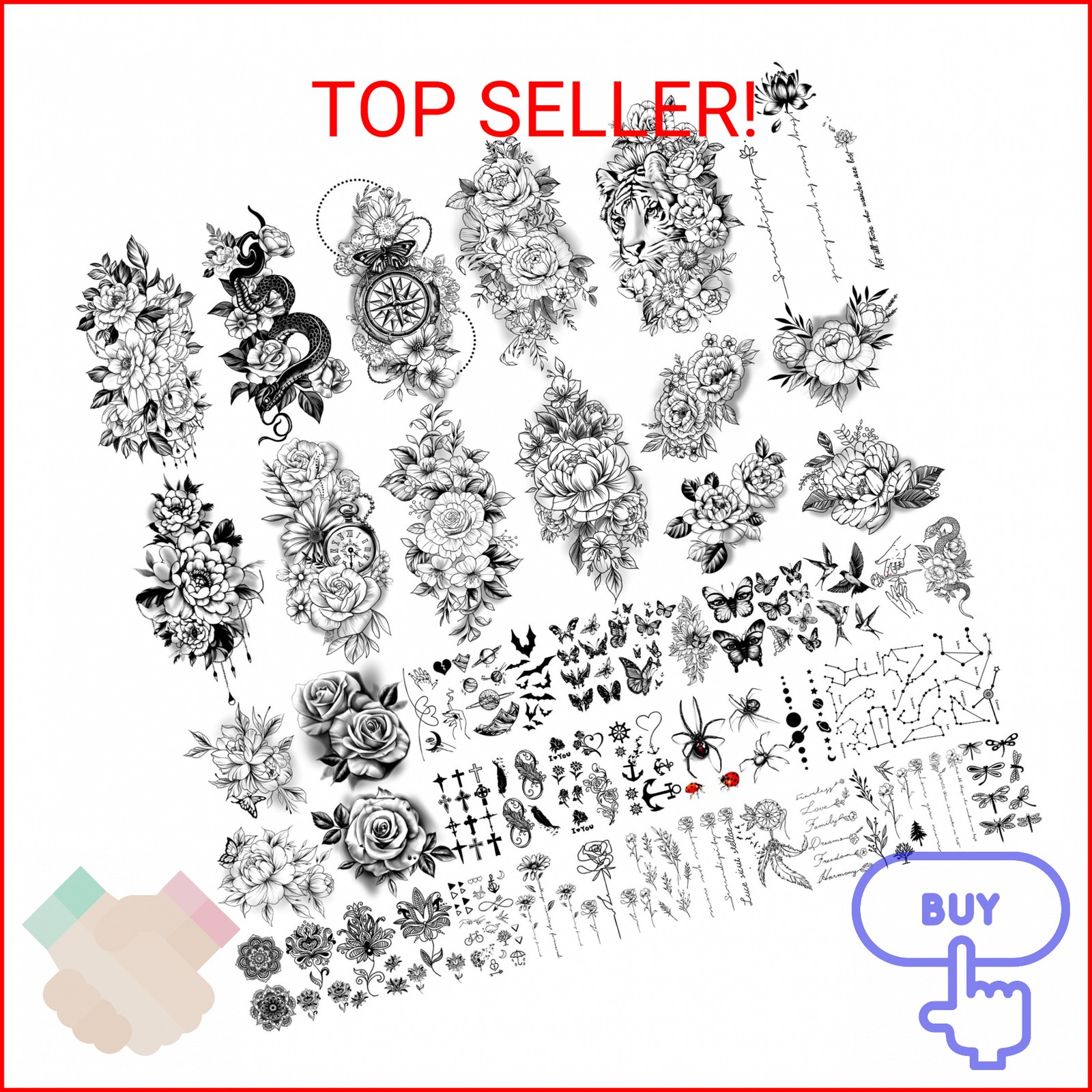 Yazhiji 49 sheets large sexy flowers collection waterproof temporary tattoos las