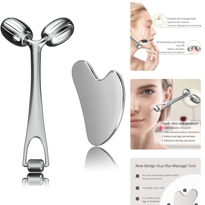 Gua Sha Facial Tools and Face Roller Set, Facial Massage Tool for Women’s Ski...