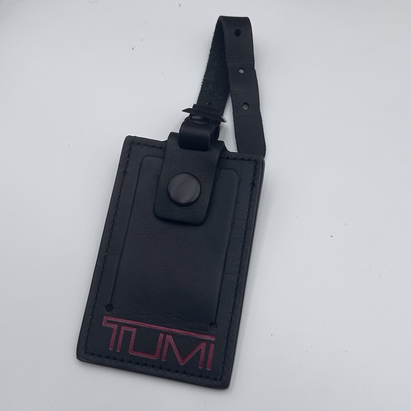 Tumi Luggage Tag Leather ID Black On Black With Red Logo Adjustable 