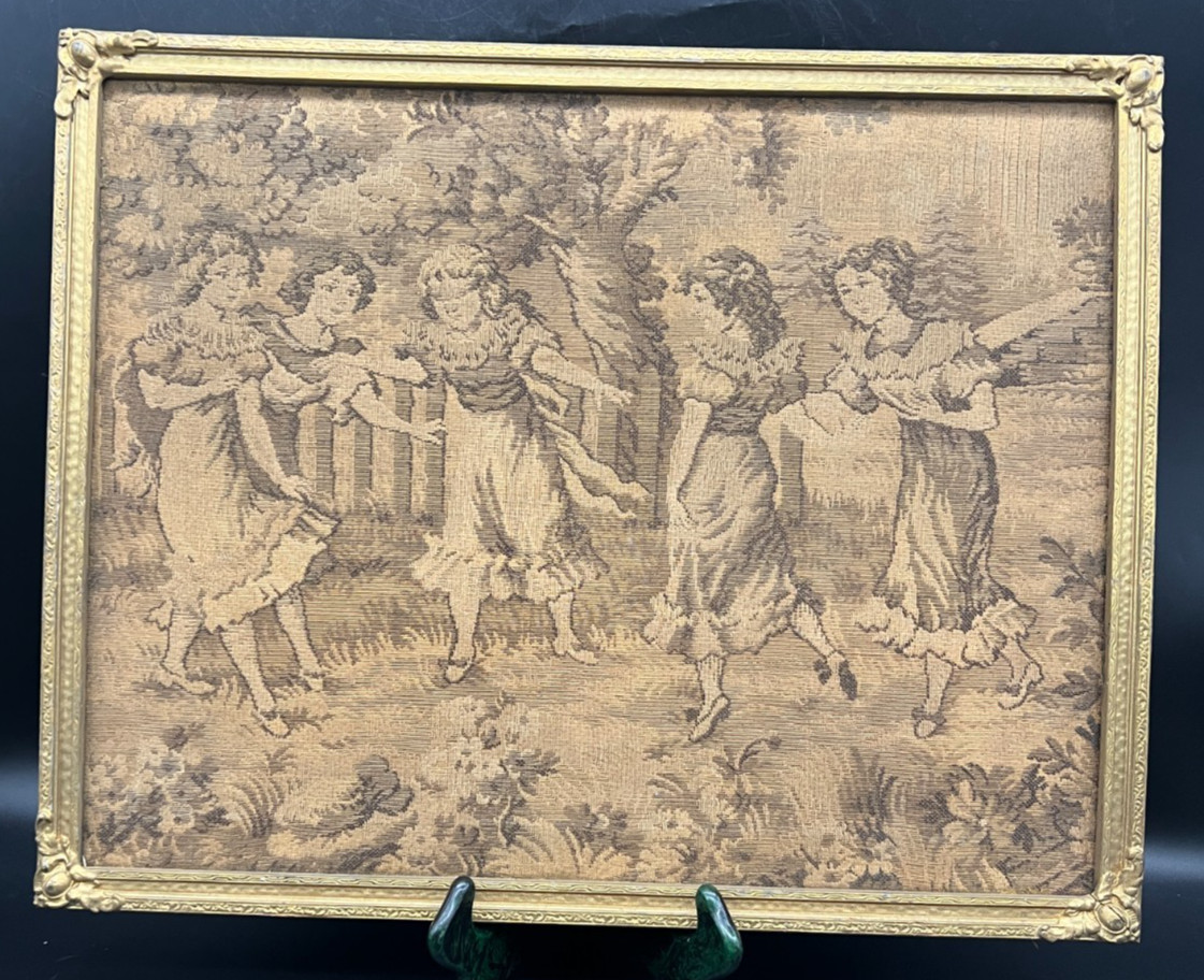 Antique Framed Girls Playing Dancing Tapestry in Wooden Ornate Frame