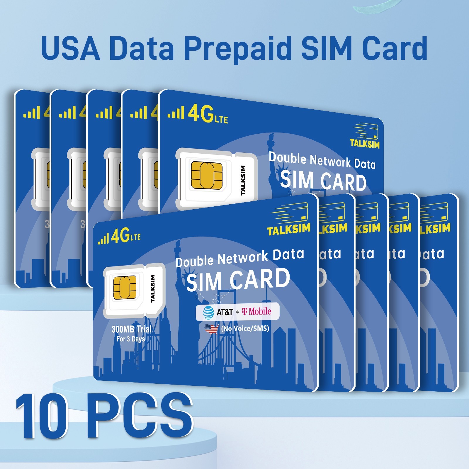 10PCS Prepaid USA SIM Card 300MB 4G LTE - Supports AT&T & T-Mobile