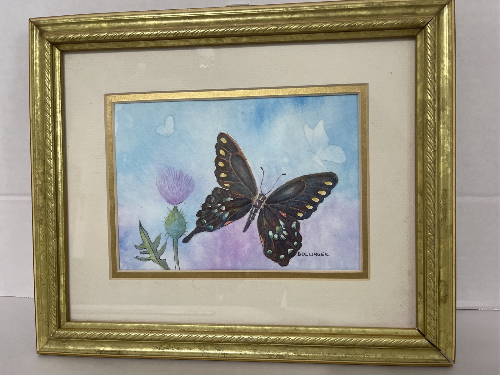 Butterfly Watercolor Painting signed Bollinger Gold Gilt Framed 10x12”