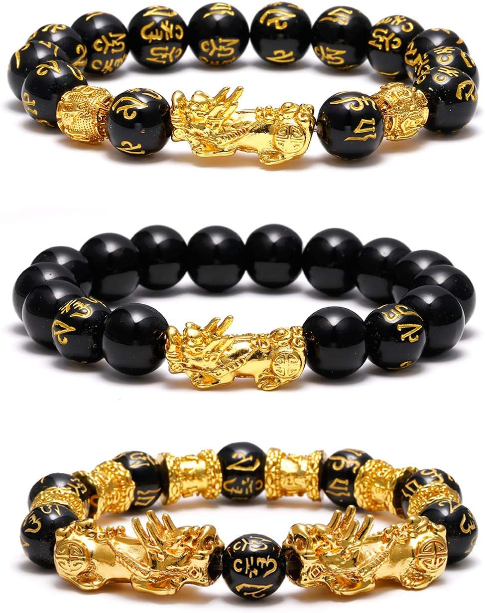 Feng Shui Wealth and Luck Bracelet for Men Women: 3Pcs Set with Pixiu and Black 