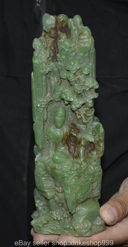 8.8" Chinese dynasty green Jade Carving Free Kwan-yin Guanyin mountain Statue