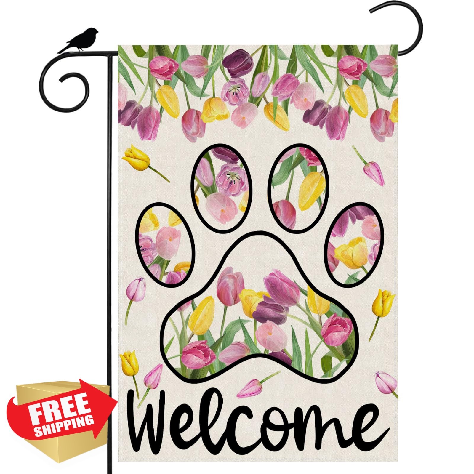 ZAEW Welcome Dog Paw Tulips Garden Flag 12x18" Double Sided