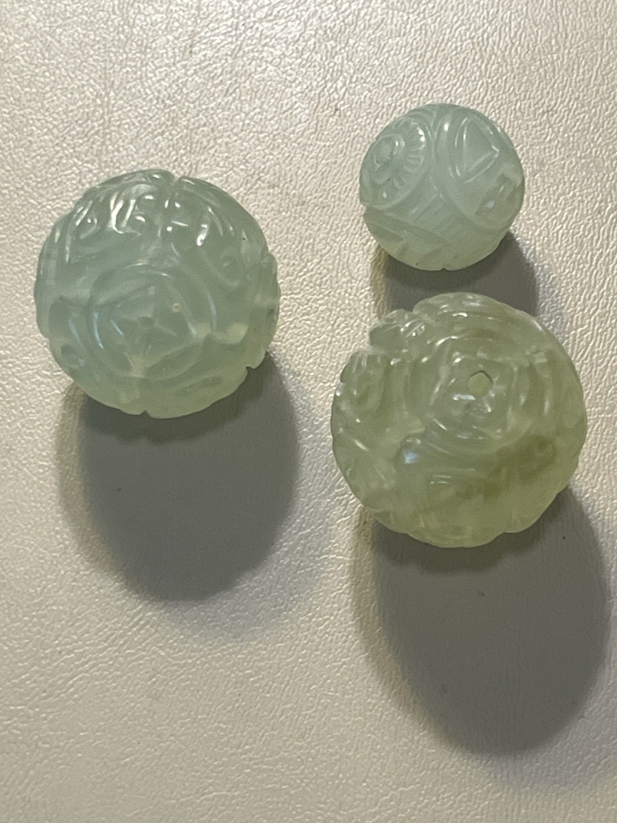 3 Vintage Carved Chinese Jadite Round Beads