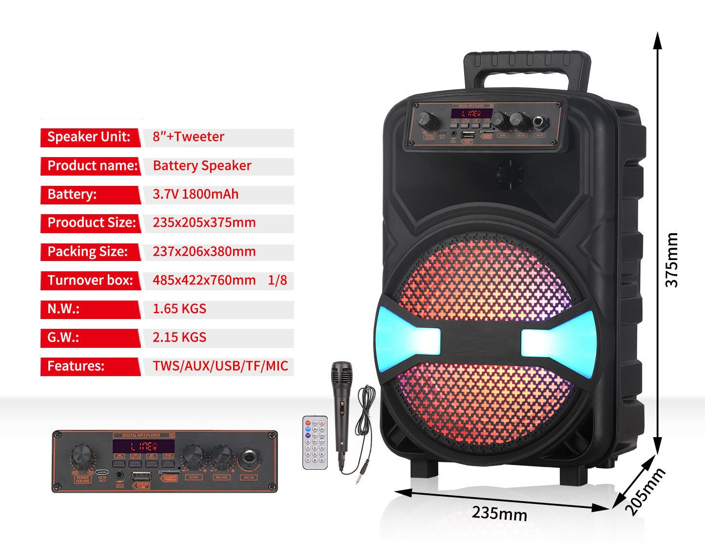 8-Inch Bluetooth Speaker  Microphone Plastic Outdoor Mobile Mobile Karaoke 1200W