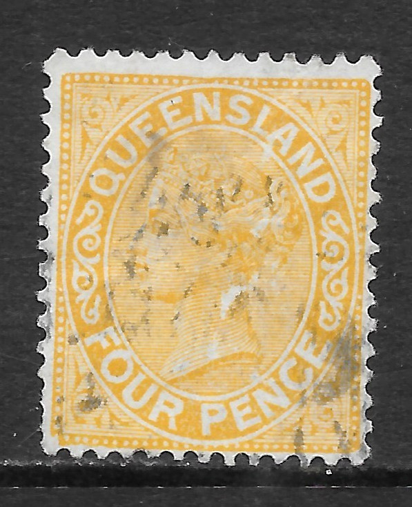 QUEENSLAND SCOTT 68 USED FINE - 1883 4p YELLOW ISSUE - QUEEN VICTORIA