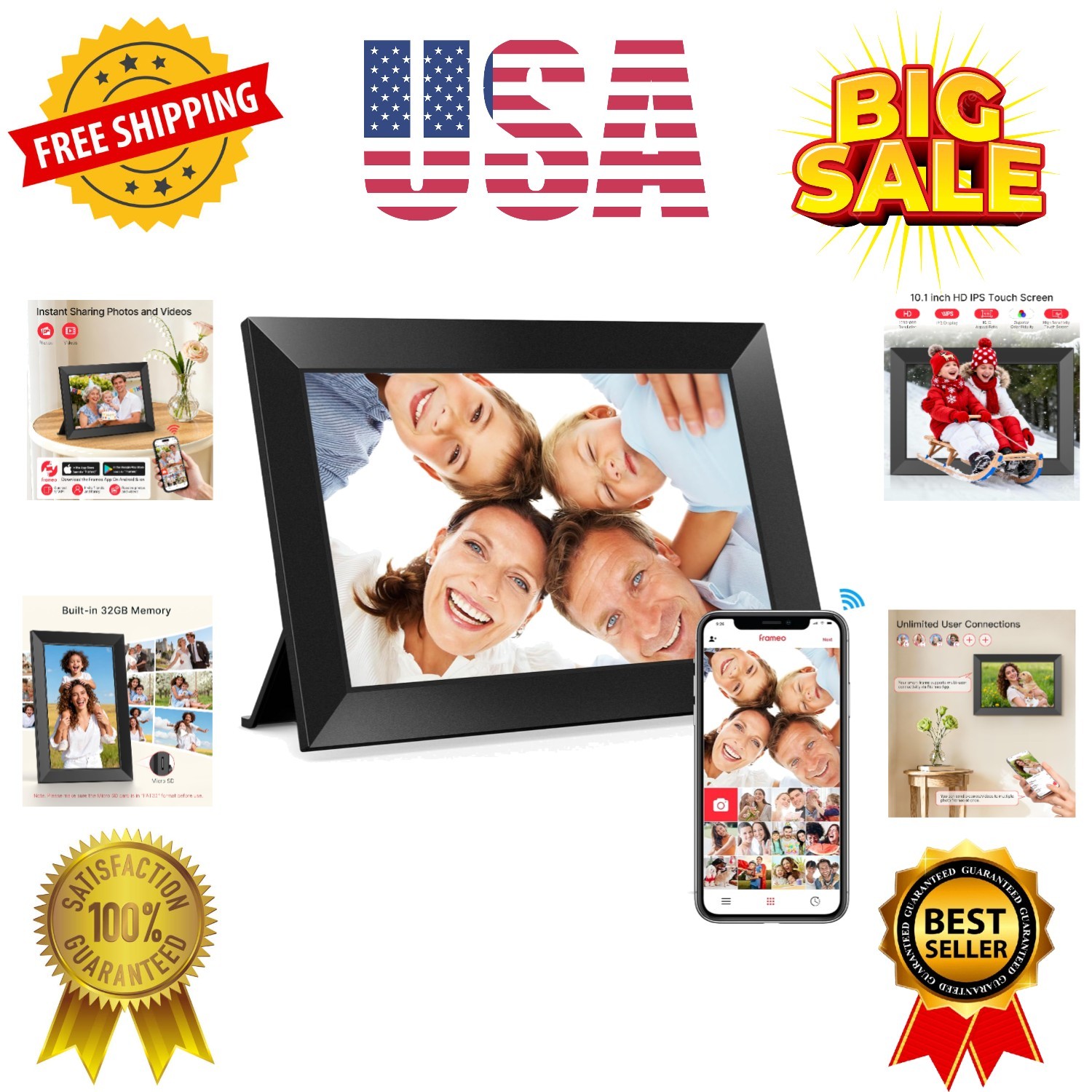 Digital Picture Frame, 10.1" Frameo Digital Frame WiFi with 32GB Memory, 1280...