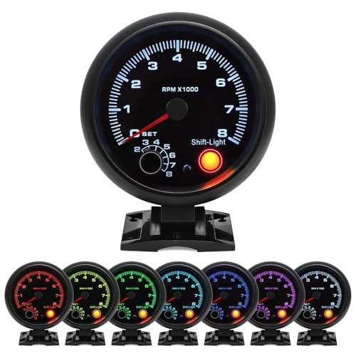  3.75" 95mm Tachometer 0-8000 Large RPM Gauge 7 Color Car AUTO Tacho Black