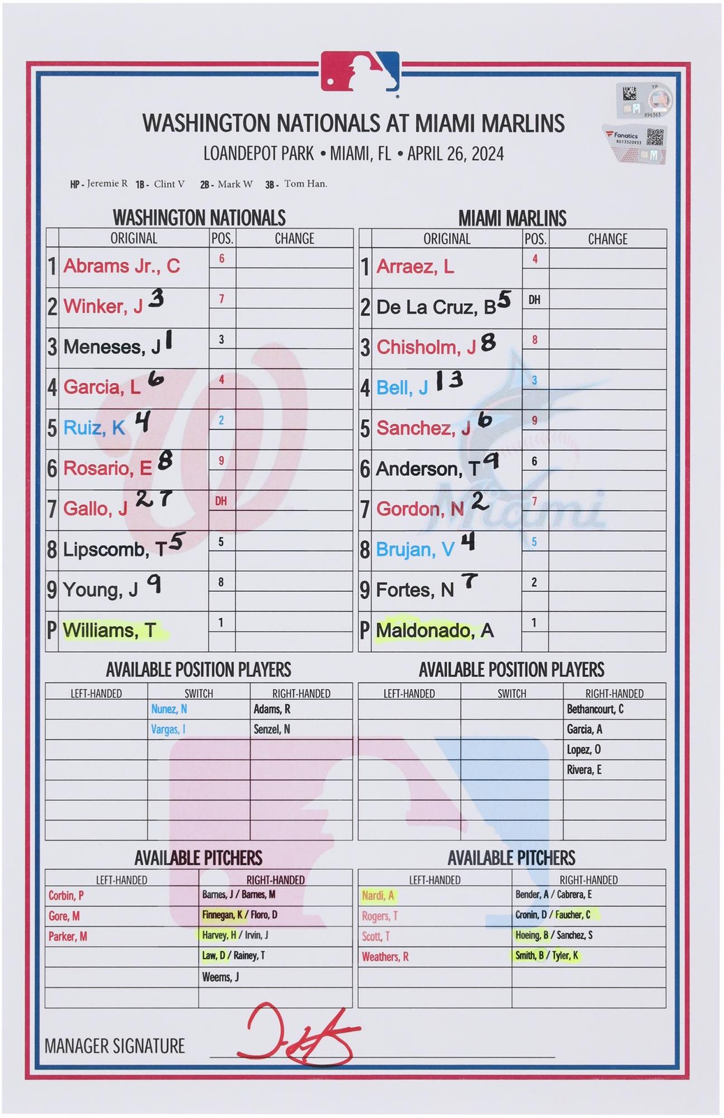 Washington Nationals Game-Used Lineup Card vs. Miami Marlins on April 26, 2024