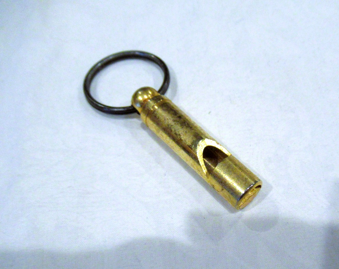 Brass whistle keychain, 1-3/4" long, c. 1980s