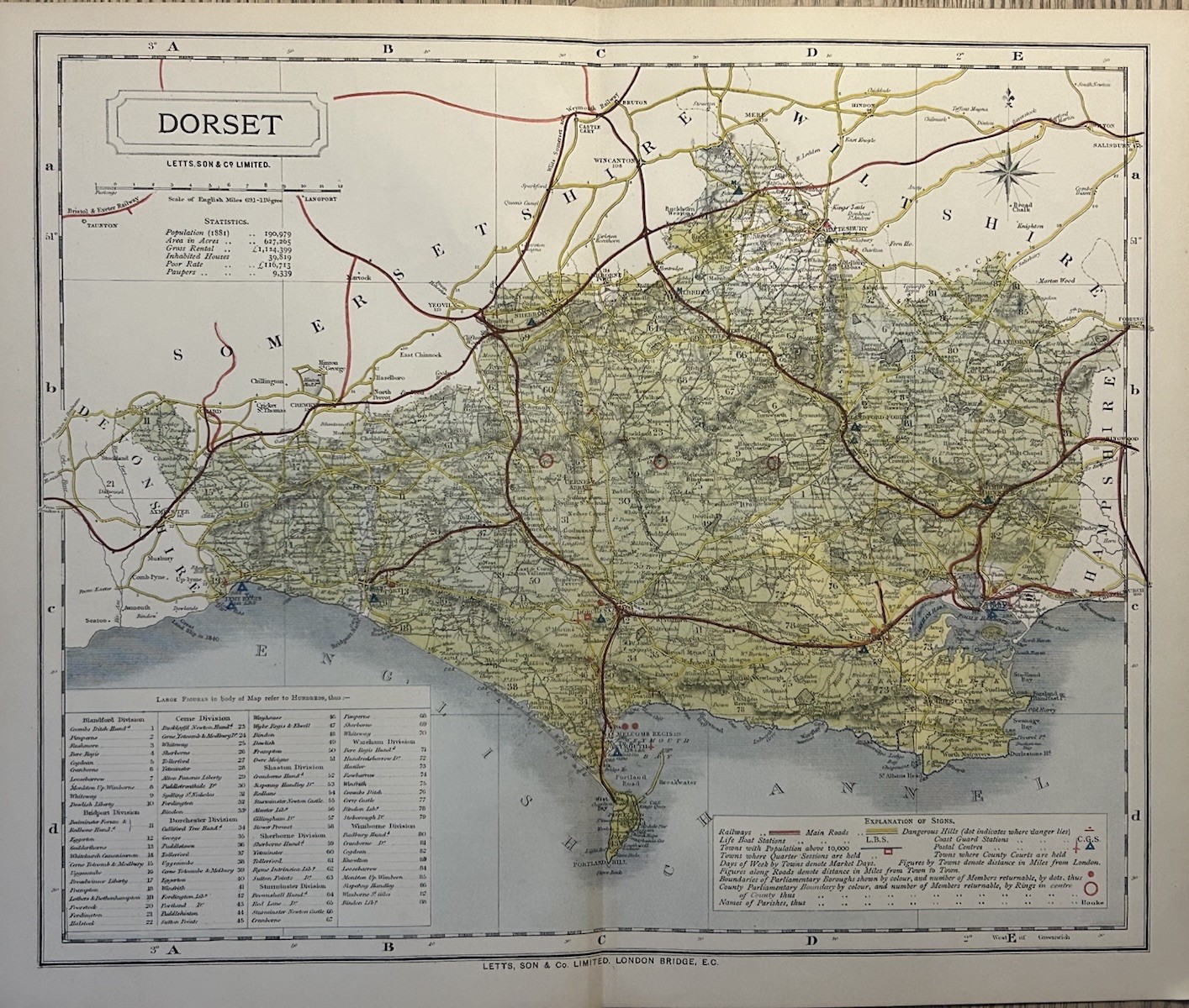 1884 Dorset Original Antique County Map by Letts