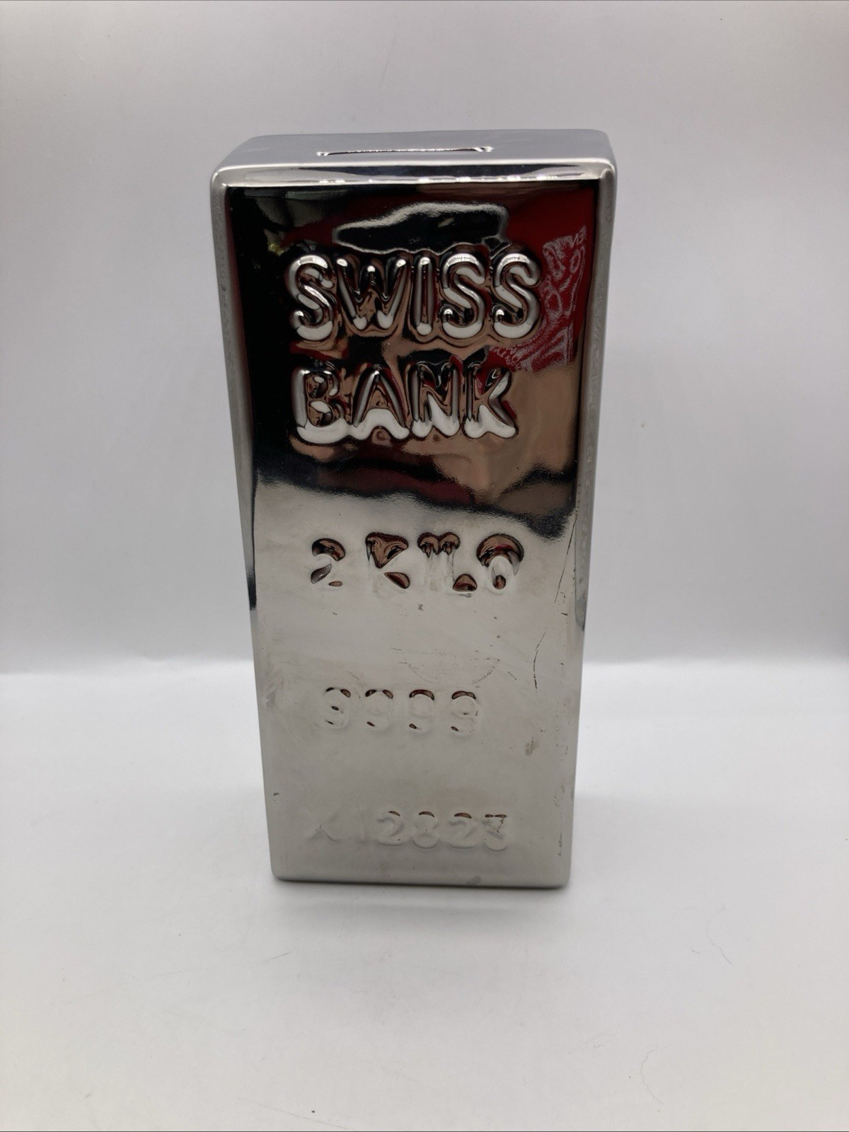 Vintage Silver Plate Swiss Bank~Coin Bank - 2 Kilo-9999-X12823-7" Long-Unique