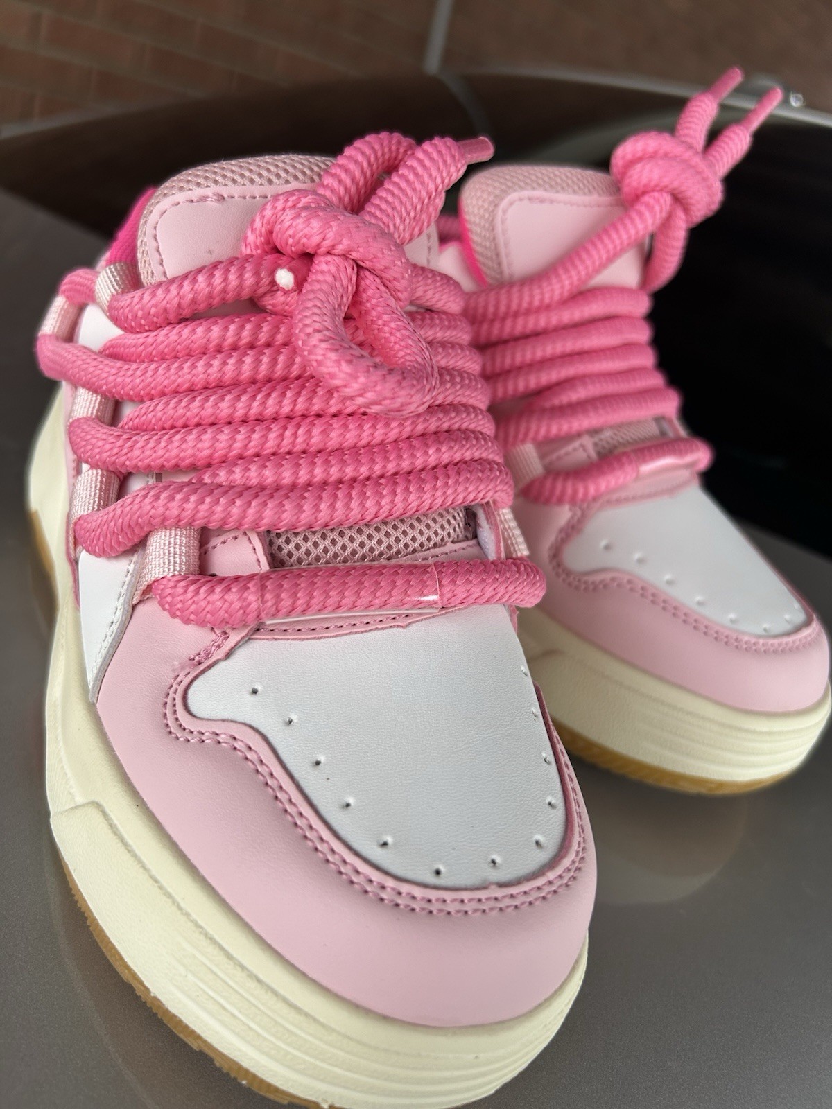 Girls Pink White Low Top Lace Up Sneakers Synthetic Upper Rubber Sole Casual