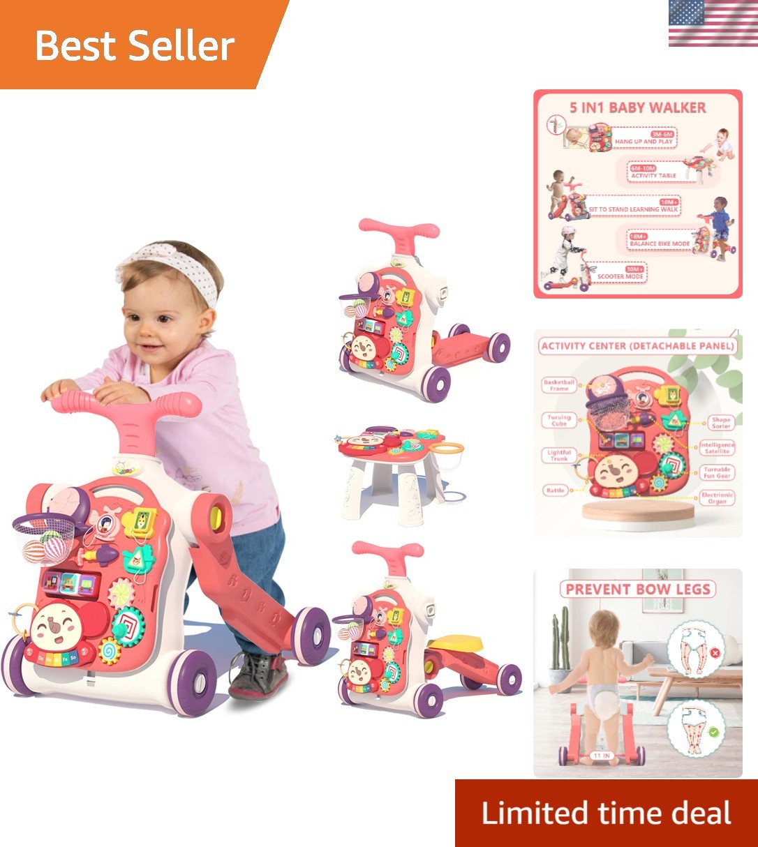 5 in 1 Walker for Baby Girl, Baby Push Walkers, Assemble as Scooter/Motorbike...