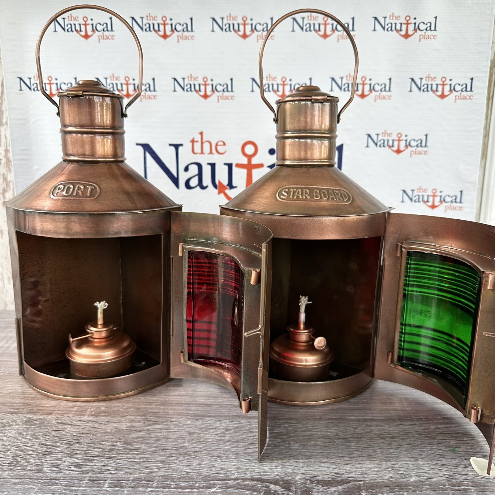 Port & Starboard Lanterns, Antique Brass Finish, Nautical Oil Lamps, Red, Green