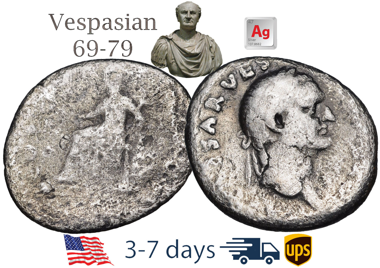 Ancient Roman Empire Coin Silver Denarius Vespasian 69 - 79 AD Authentic #21195