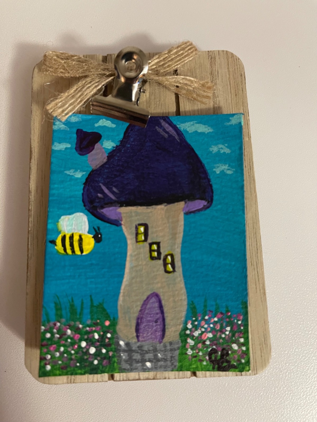 Mushroom village-Enchanted sprout , bee, ACEO Original signed, Mini Art Painting
