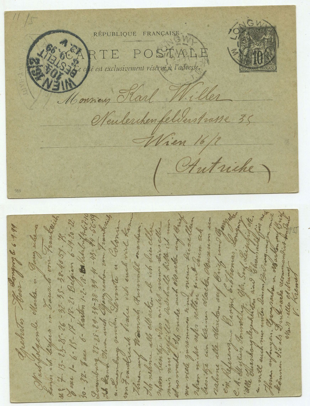 22389 - postal stationery - postcard - Longwy 6.9.1899 to Vienna