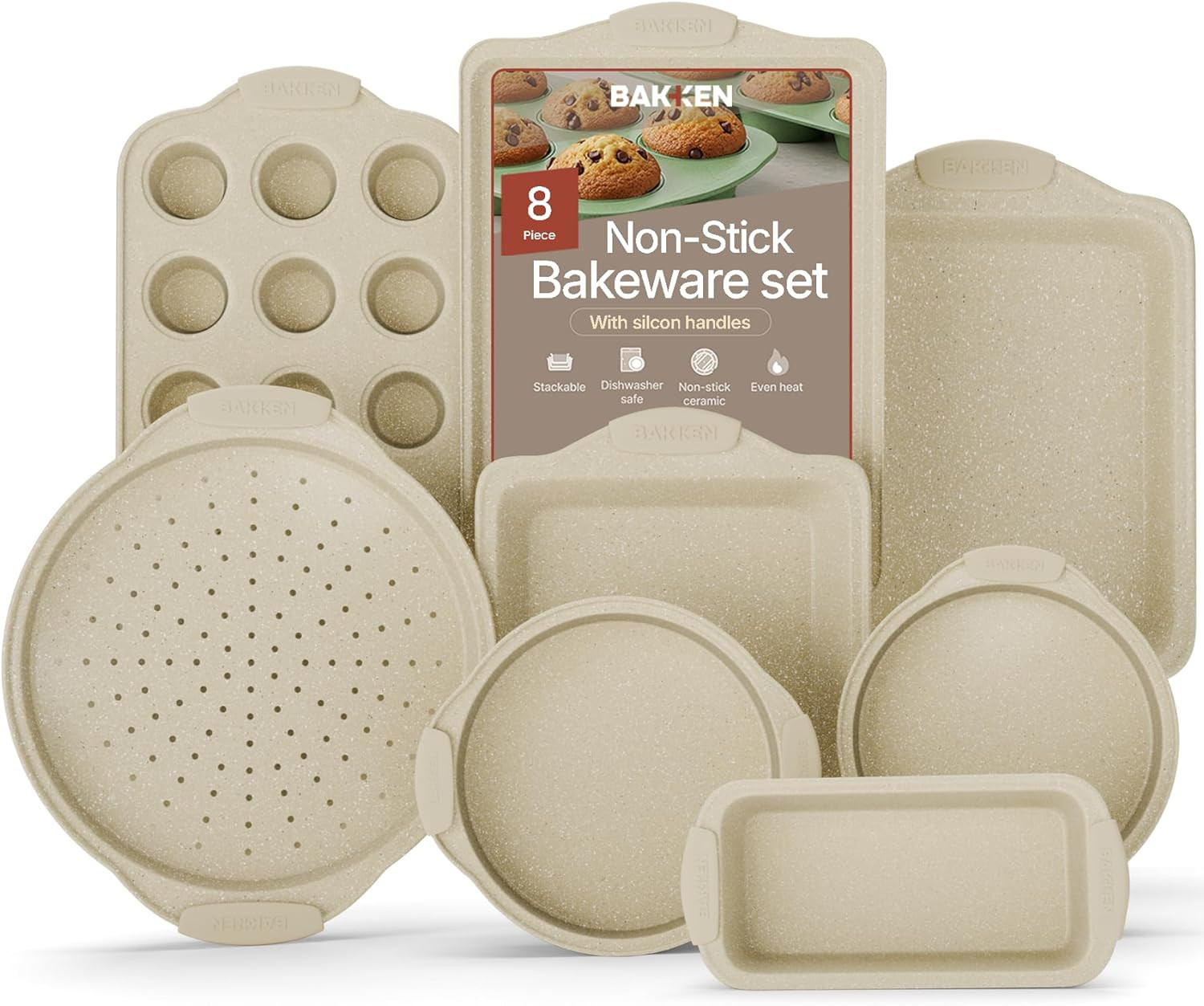 Deluxe 8-Piece Carbon Steel Bakeware Set - Nonstick White Marble Coating, Silico