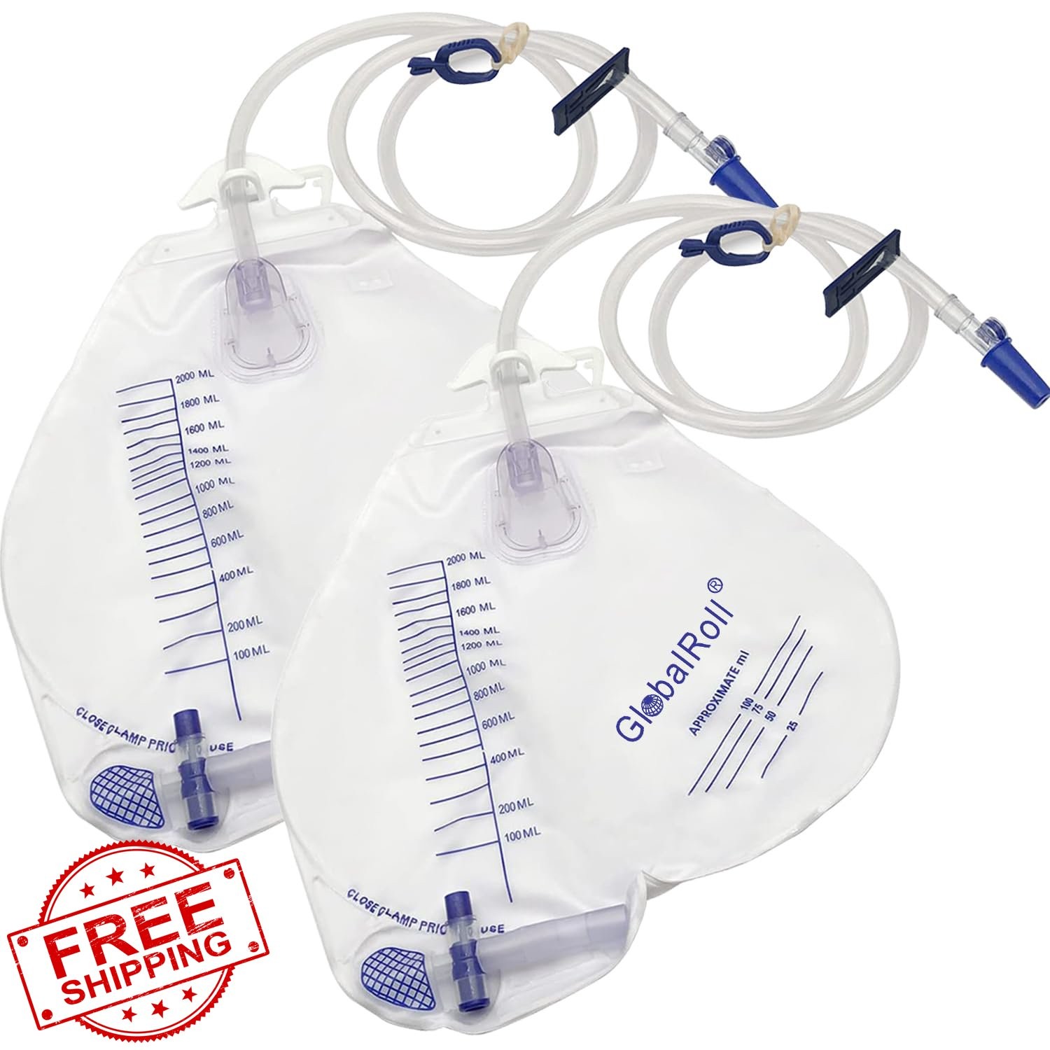 GlobalRoll Urinary Drainage Bag 2000mL 48" Tube 2 Pack Home Hosp