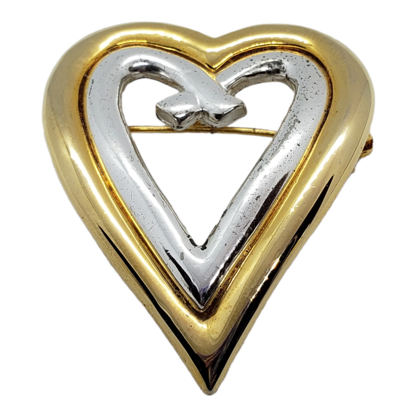Two Toned Open Heart Brooch Pin 