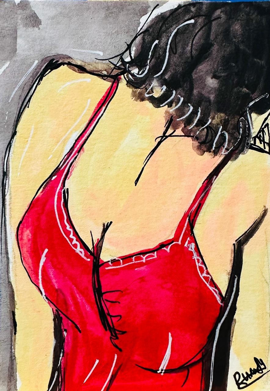Sexy Red Dress Woman Bust Portrait Original ACEO Painting Modern Expression Art