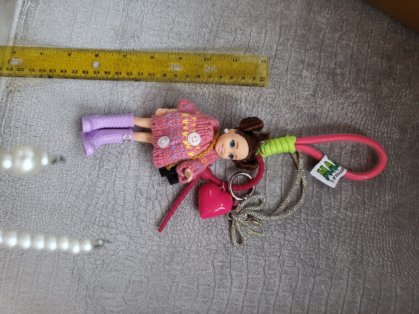 Cartoon Doll Keychain Pink Sweater Purple Boots Heart Charm Detachable Keyring