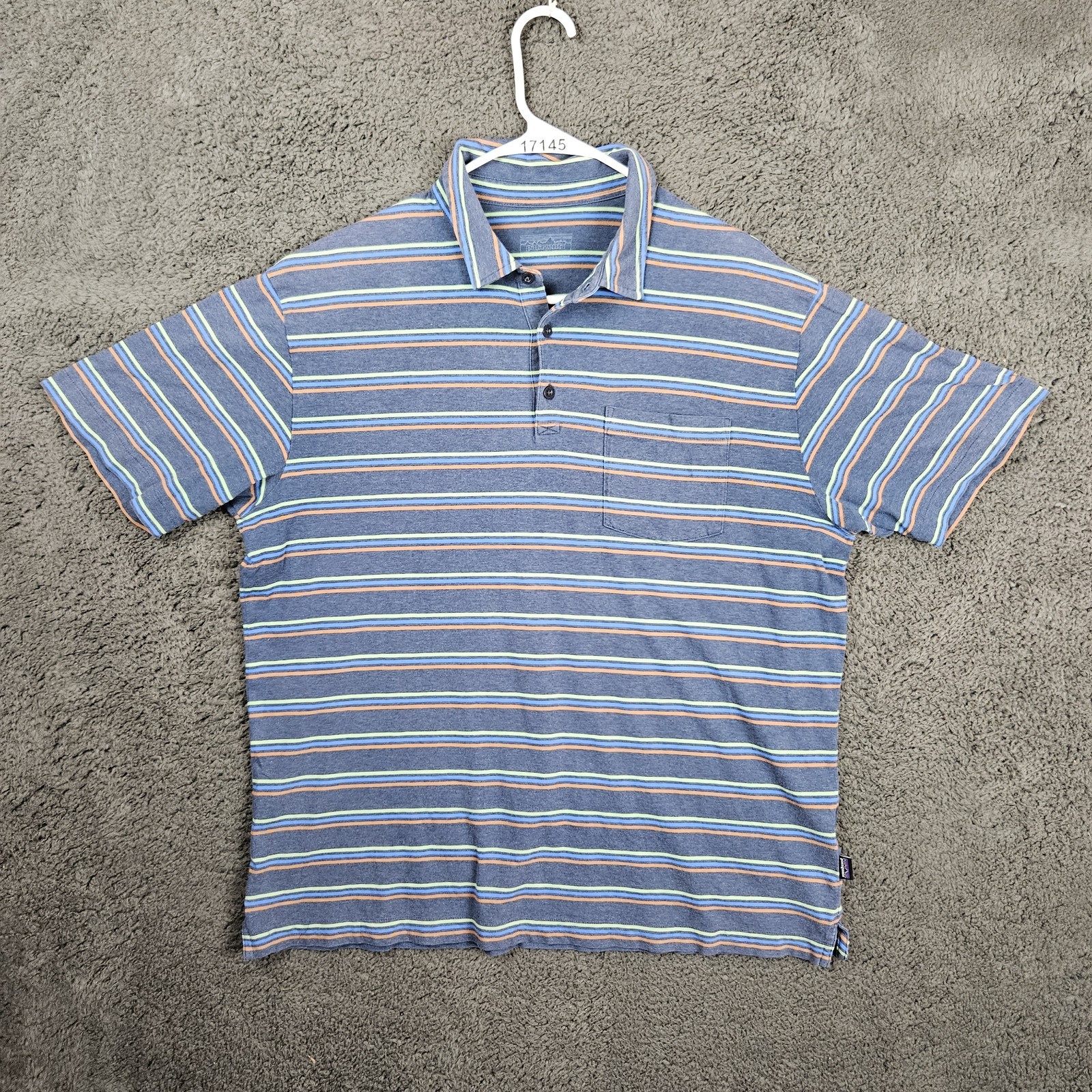 Patagonia Shirt Mens Large Blue Multicolor Short Sleeve Polo Striped Preppy Surf