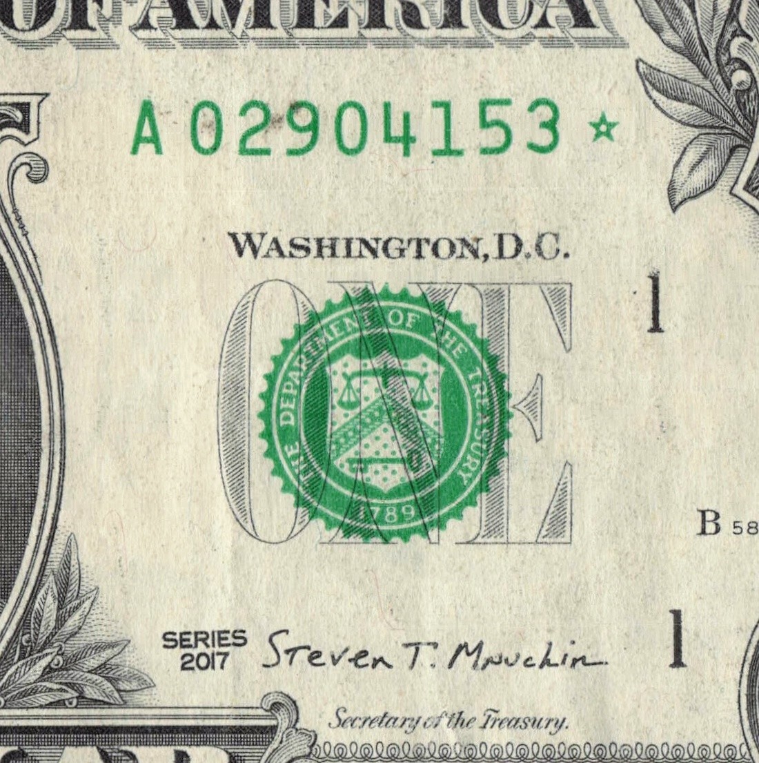 Series 2017A Star Note $1 Dollar Bill A Boston 3.2 M Pack Run DC A02904153*
