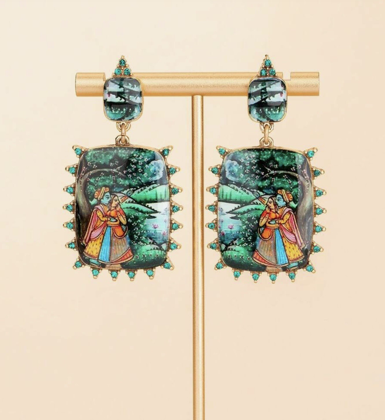 Museum Earrings Japan Scene CZ VTG Palace Gold Court Medieval Art CZ Glazed Love