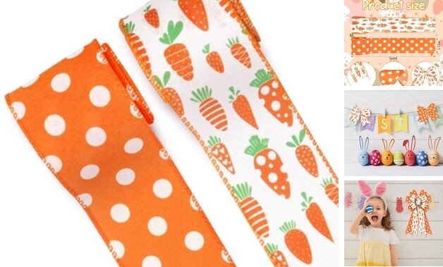 2 Rolls Easter Fabric Ribbons 5 Yards Orange Carrot Orange Carrots Spots Dots