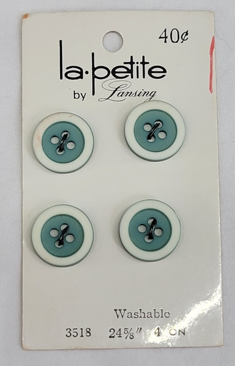 VINTAGE ~ Green/White Trim Round Flat Button ~ Plastic ~ 4 Ea. ~ 3518/16mm/5/8"