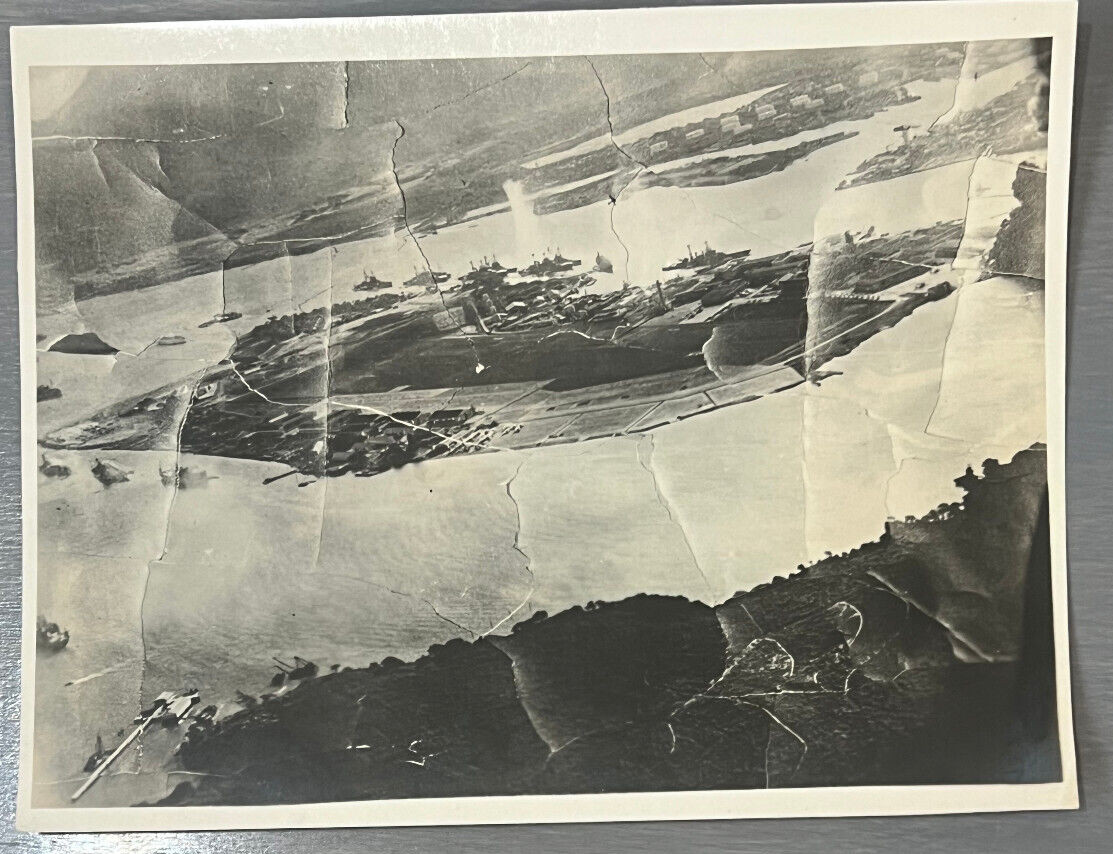 Pearl Harbor Battleship Row on Fire: Japanese Pilot View Vintage WWII Photo 1941