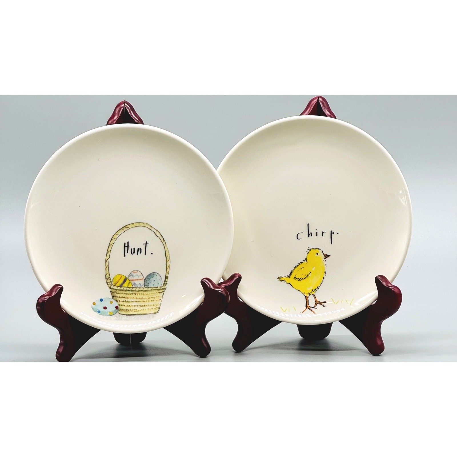 Rae Dunn Magenta Easter Appetizer Plates Hunt Chirp Basket Chick 6 inch Set of 2