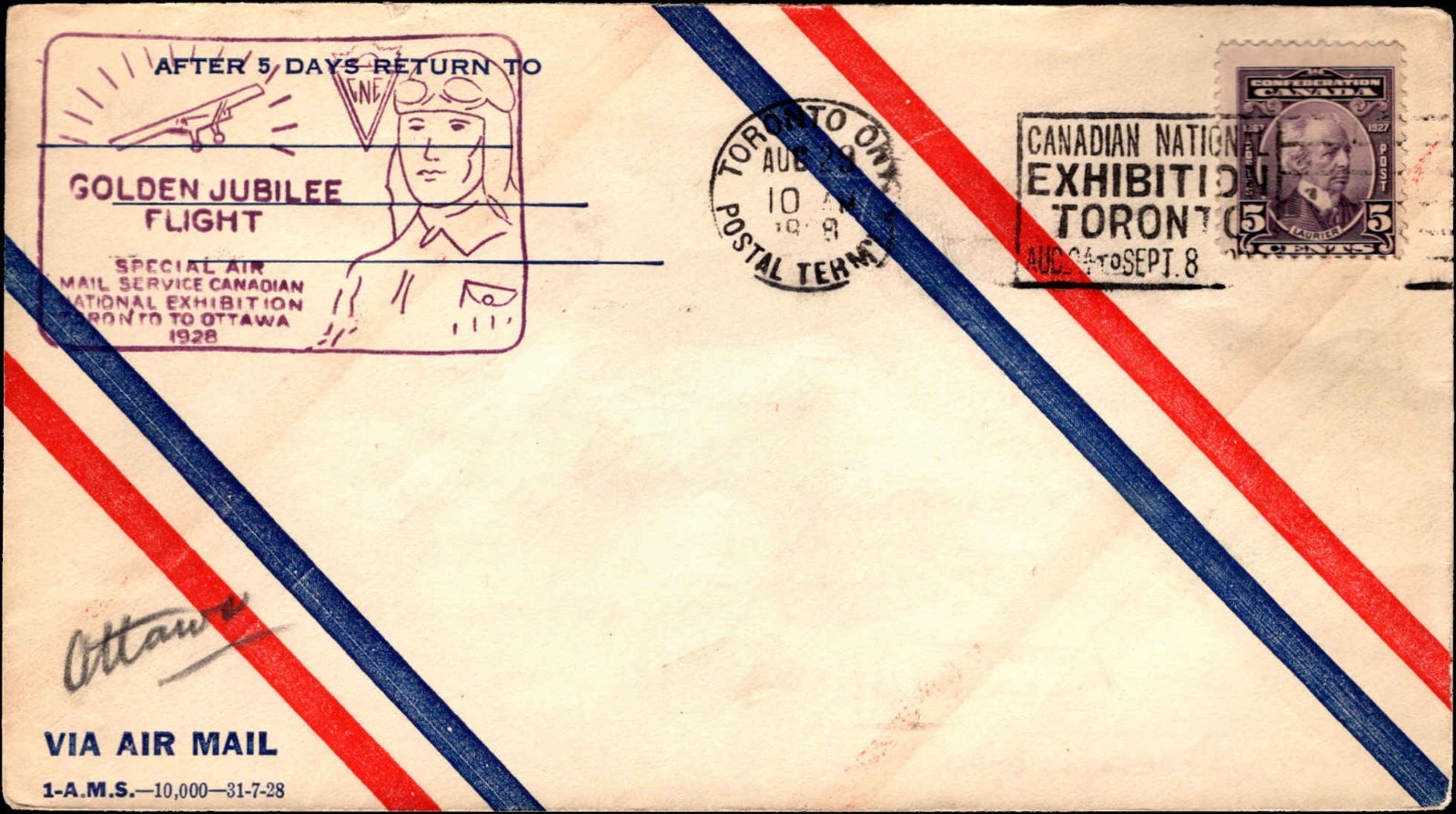 Canada 1928 Golden Jubilee Flight Toronto to Ottawa CNE Airmail Cover