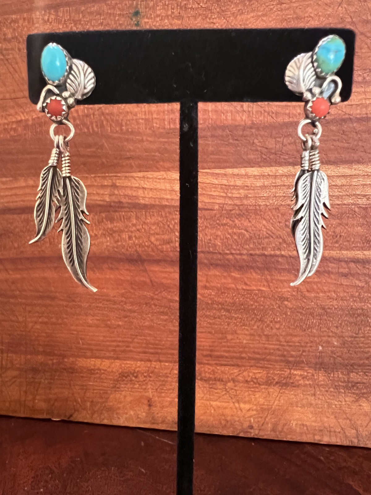 Vintage Navajo Sterling Silver Double-Feather Turquoise & Coral Dangle Earrings