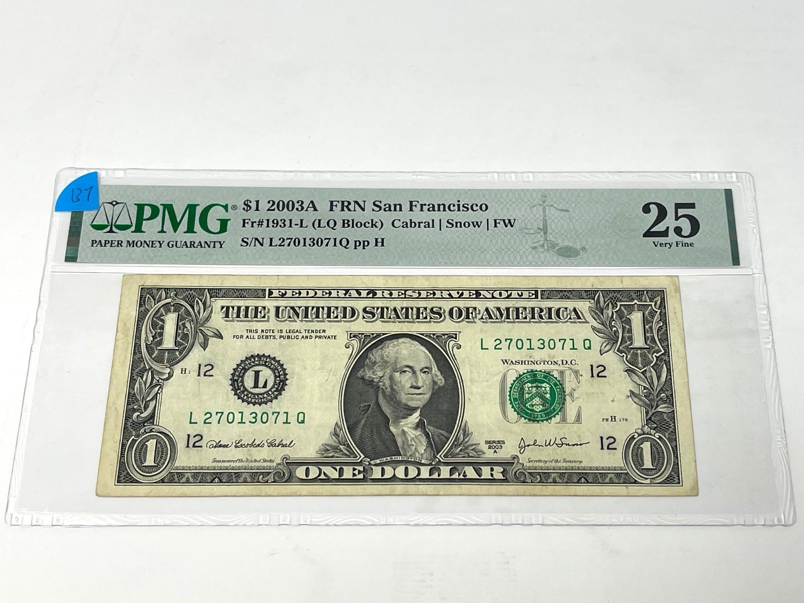 2003A $1 One Dollar, FEDERAL RESERVE NOTE, San Francisco,' PMG 25 VF', (#137)