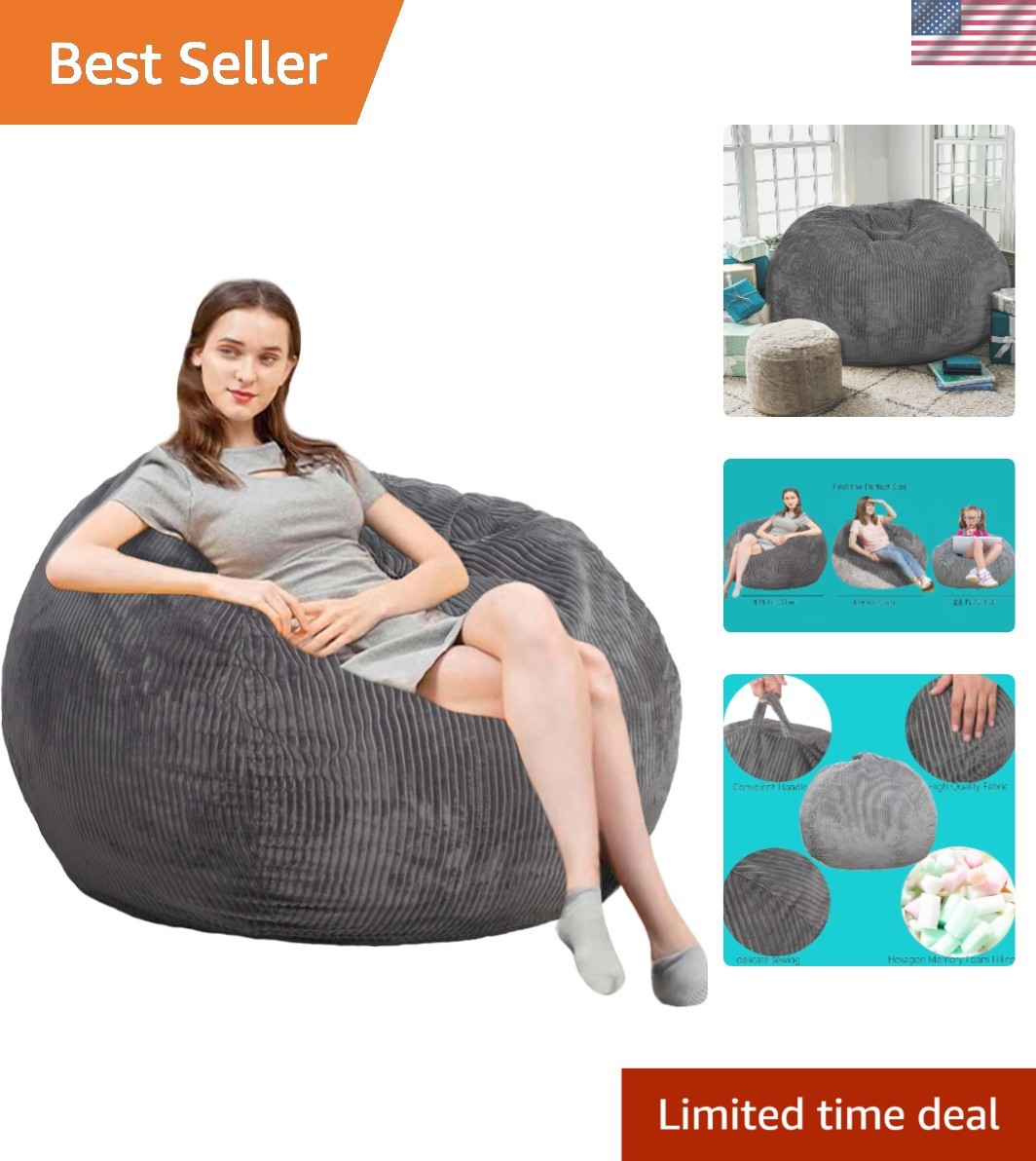 Luxury Grey Faux Fur Bean Bag Chair 3Ft Memory Foam for Adults Teens Dorm Liv...