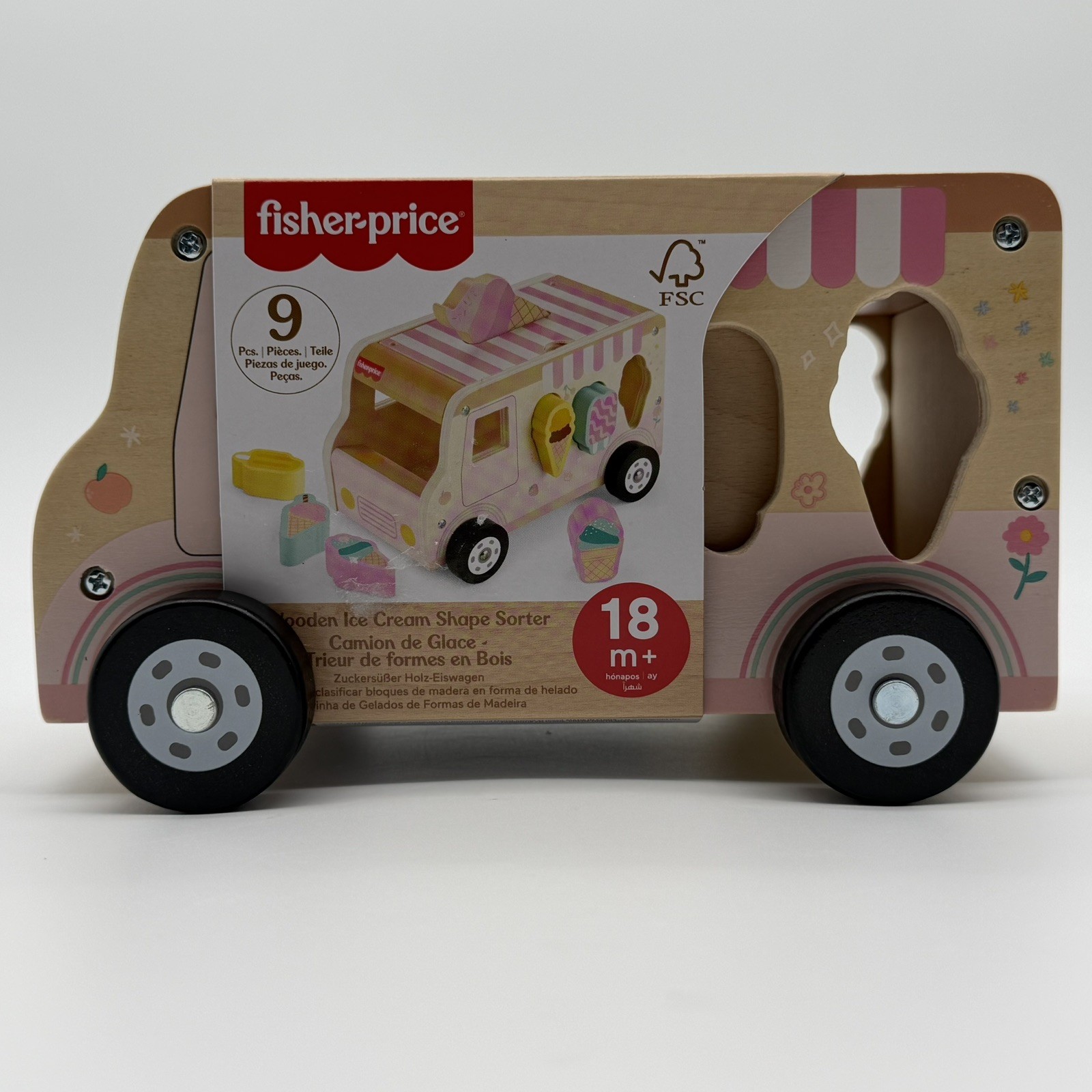 Fisher-Price Wood Toddler Toy Ice Cream Truck Shape Sorter Set 9 Wooden Pcs New